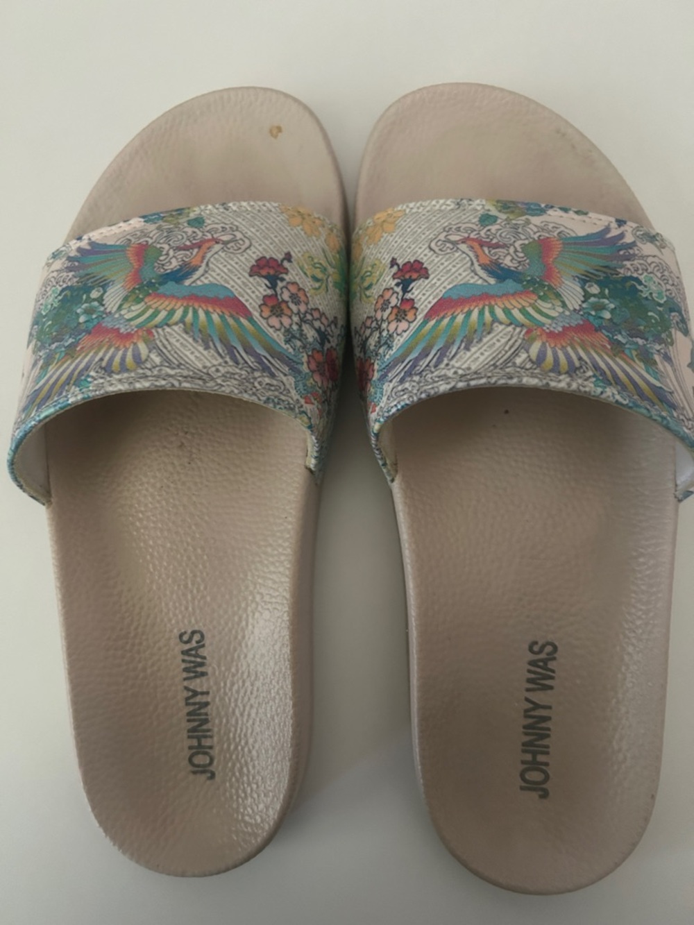 Johnny Was Neutral Slide Sandals with Colorful Embroidered Phoenix Strap